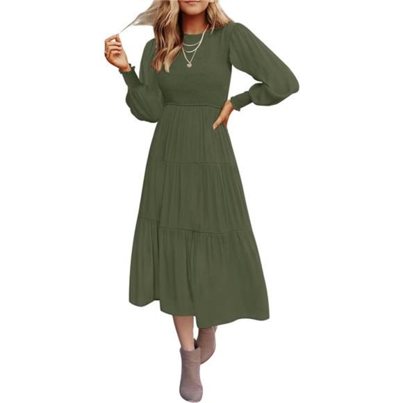 Casual Long Sleeve Crew Neck High Waist Smocked Flowy Tiered Midi Dress - Picture 7 of 14